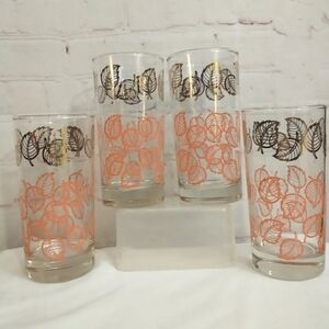 4 VTG Dominion Glass Autumn Leaves Orange & Metallic Gold Tumblers 5.5" Tall